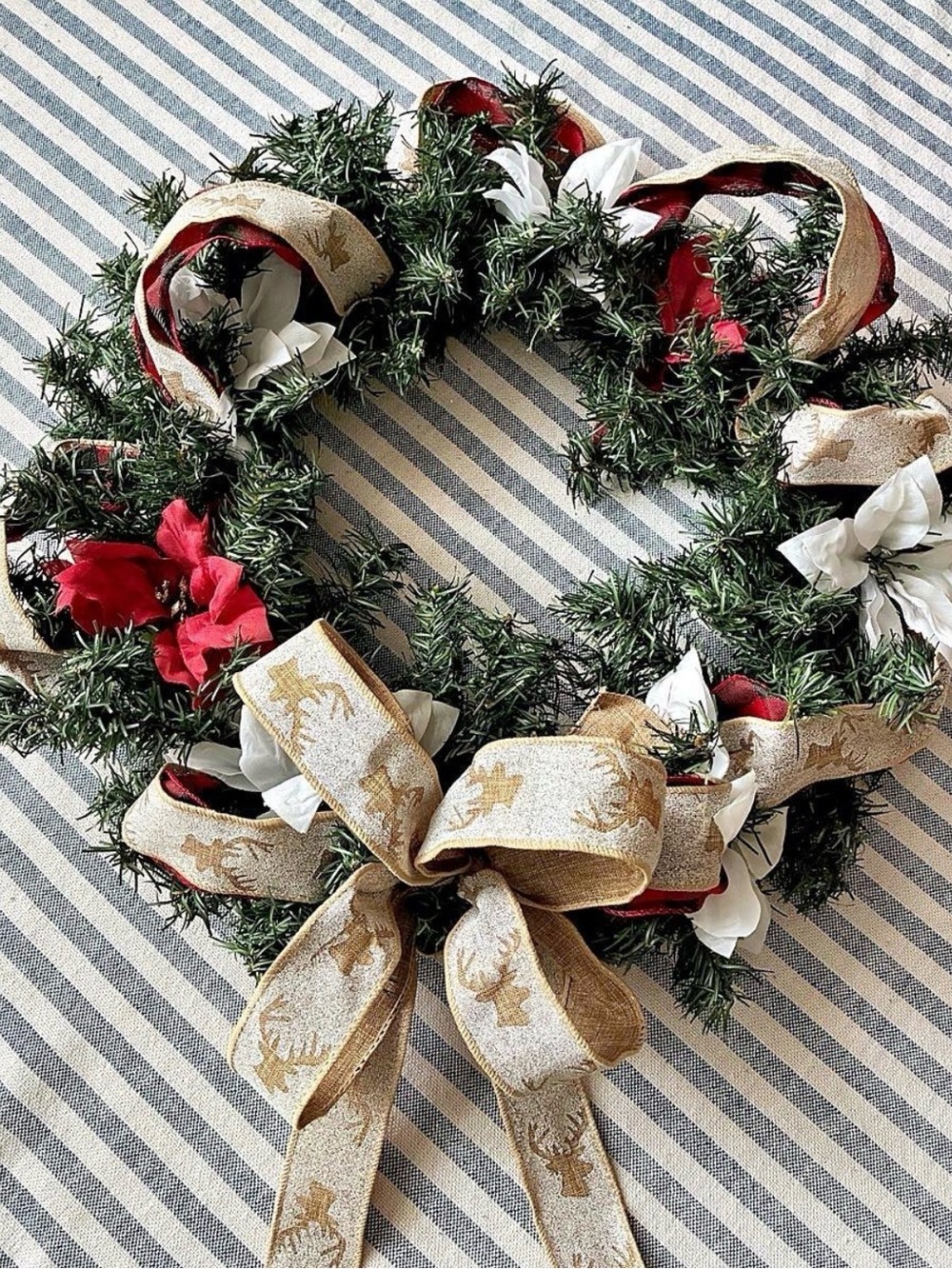 Ashland Green Holiday Wreath with Gold Ribbon and Red & White Accents
